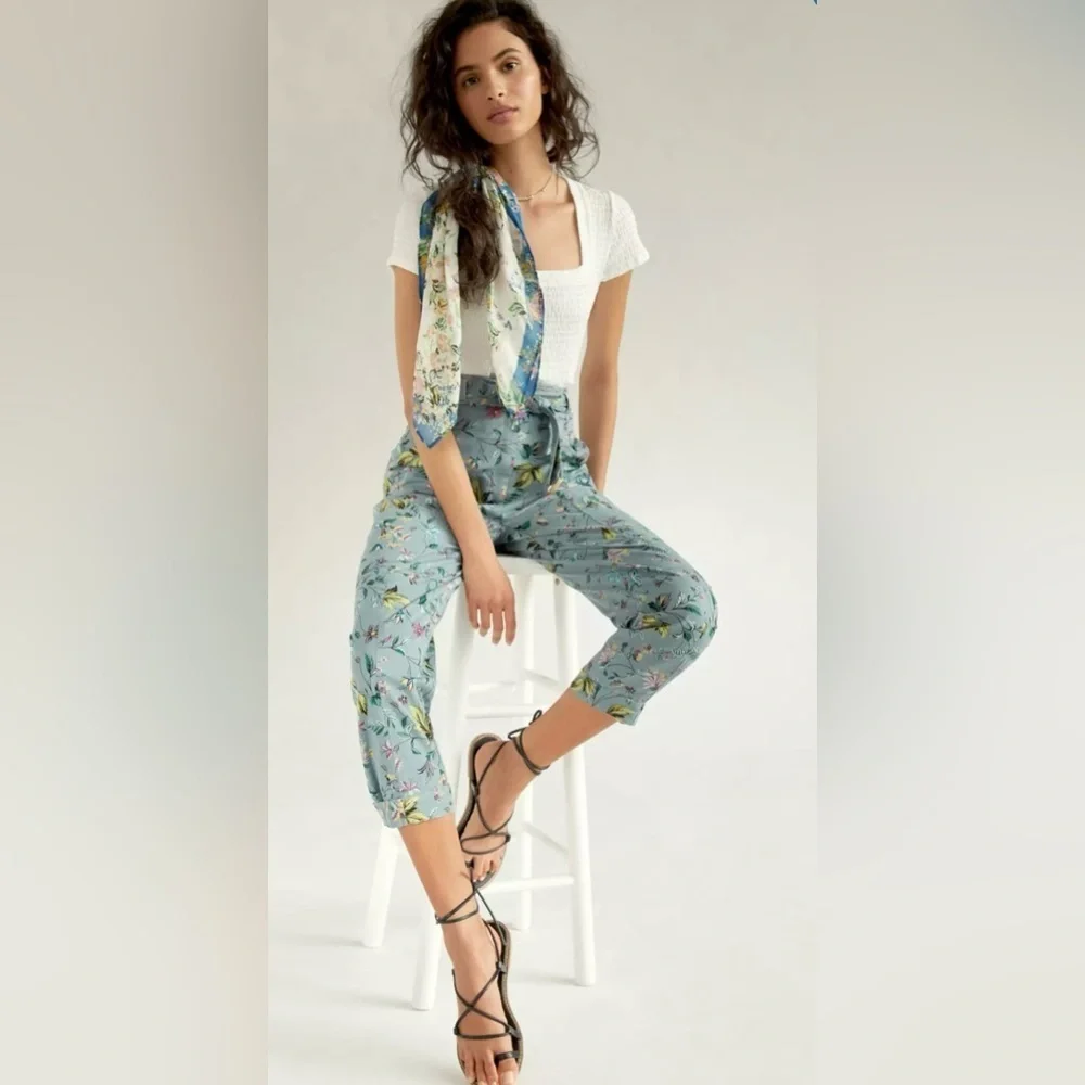 ANTHROPOLOGIE Victoria Floral Cargo Utility Pants High Rise Gray Blue Size 4 - Picture 2 of 14